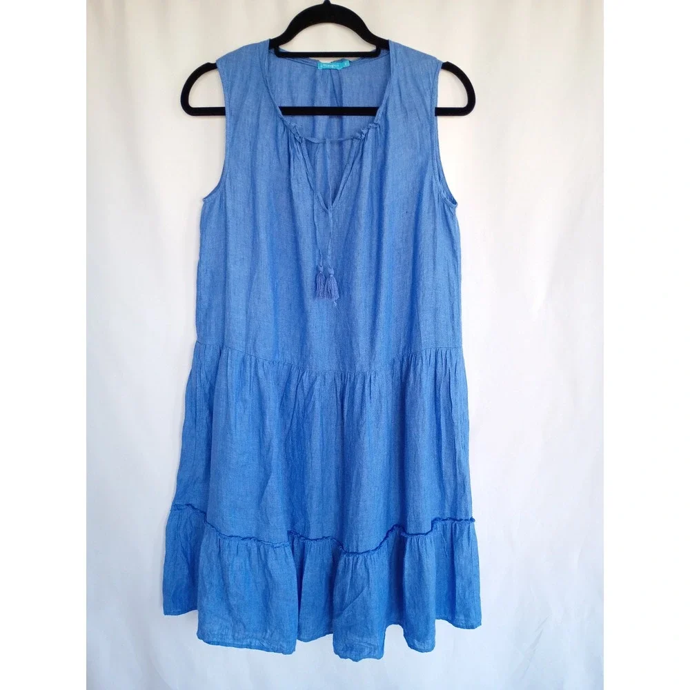 J. McLaughlin Blue Linen Sleeveless Tiered Tassel Tie Neck Dress Small Coastal - Picture 2 of 9